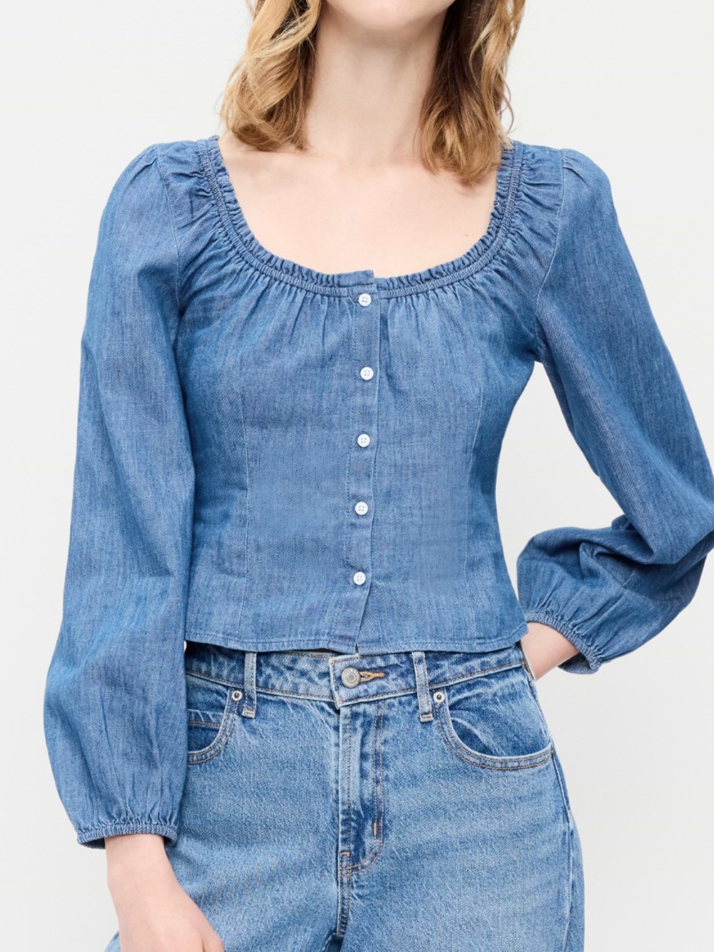 Old Navy Denim Blue Button-Front Square-Neck Peasant Top